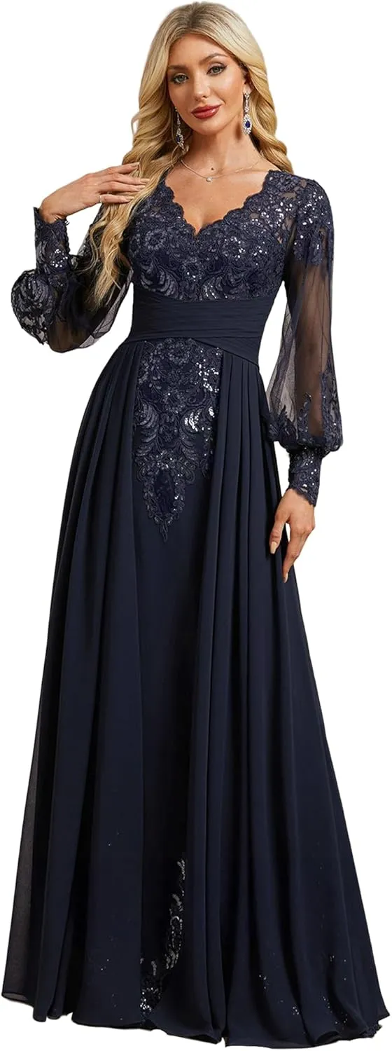 Pleated Mother of Bride Dresses Long Sleeve Chiffon Prom Dresses V-Neck Sequin Formal Evening Party Gown