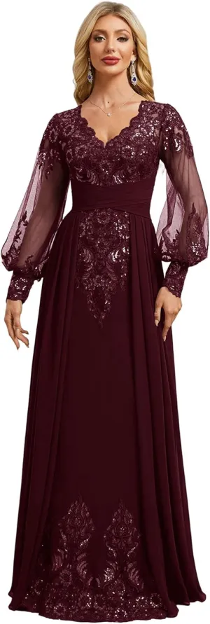Pleated Mother of Bride Dresses Long Sleeve Chiffon Prom Dresses V-Neck Sequin Formal Evening Party Gown