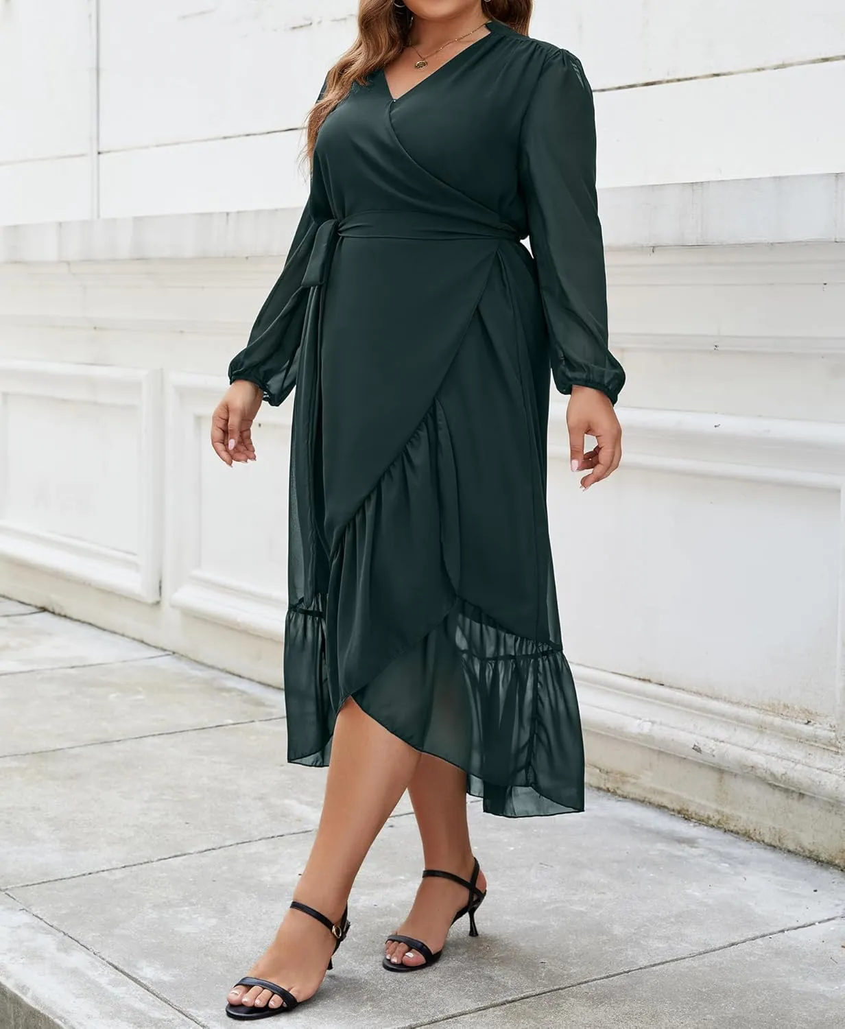 Plus Size Dresses for Women Wrap Tie Side Midi Dress Long Sleeve A Line Ruffle Hem Flowy Chiffon Dress