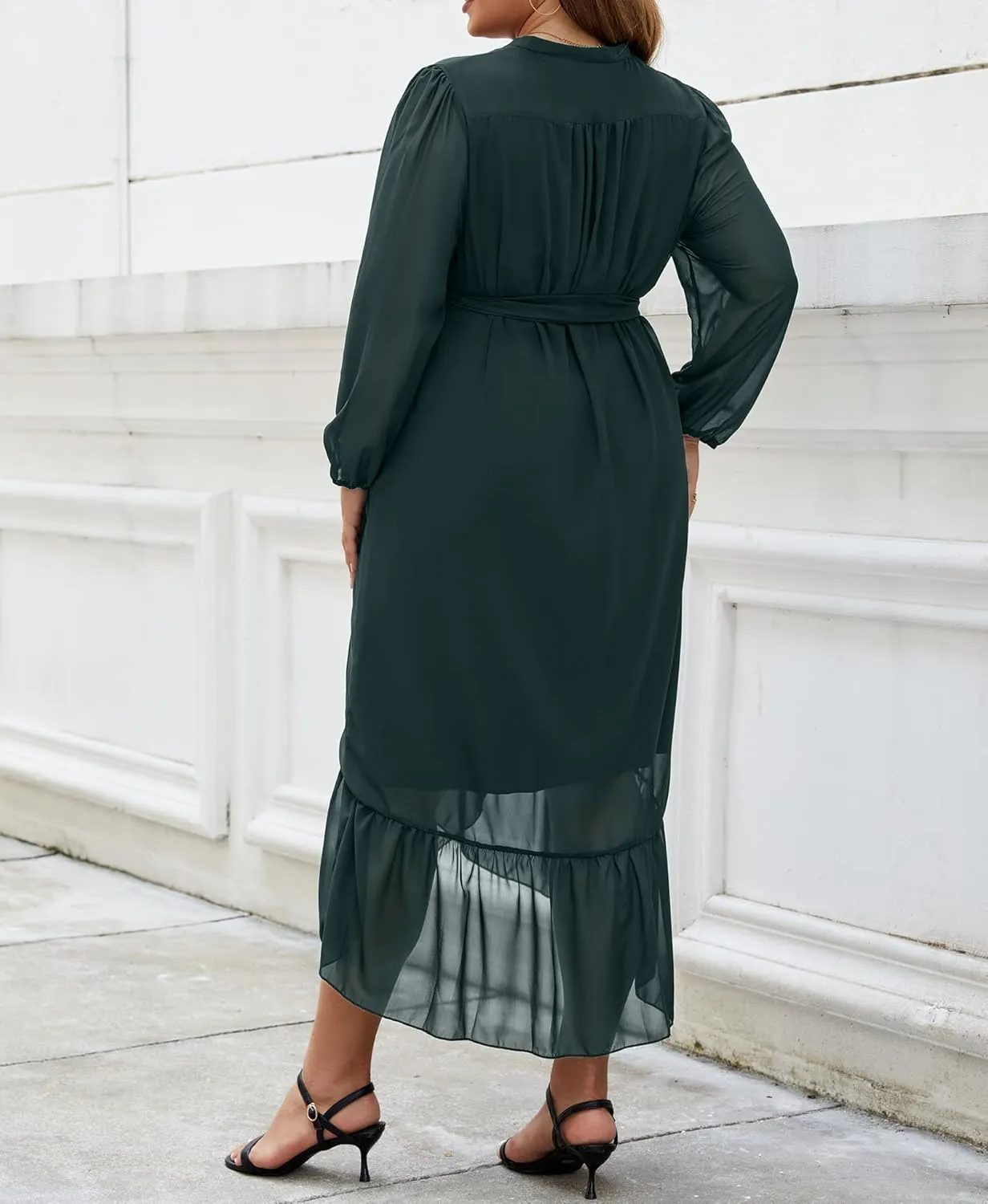 Plus Size Dresses for Women Wrap Tie Side Midi Dress Long Sleeve A Line Ruffle Hem Flowy Chiffon Dress