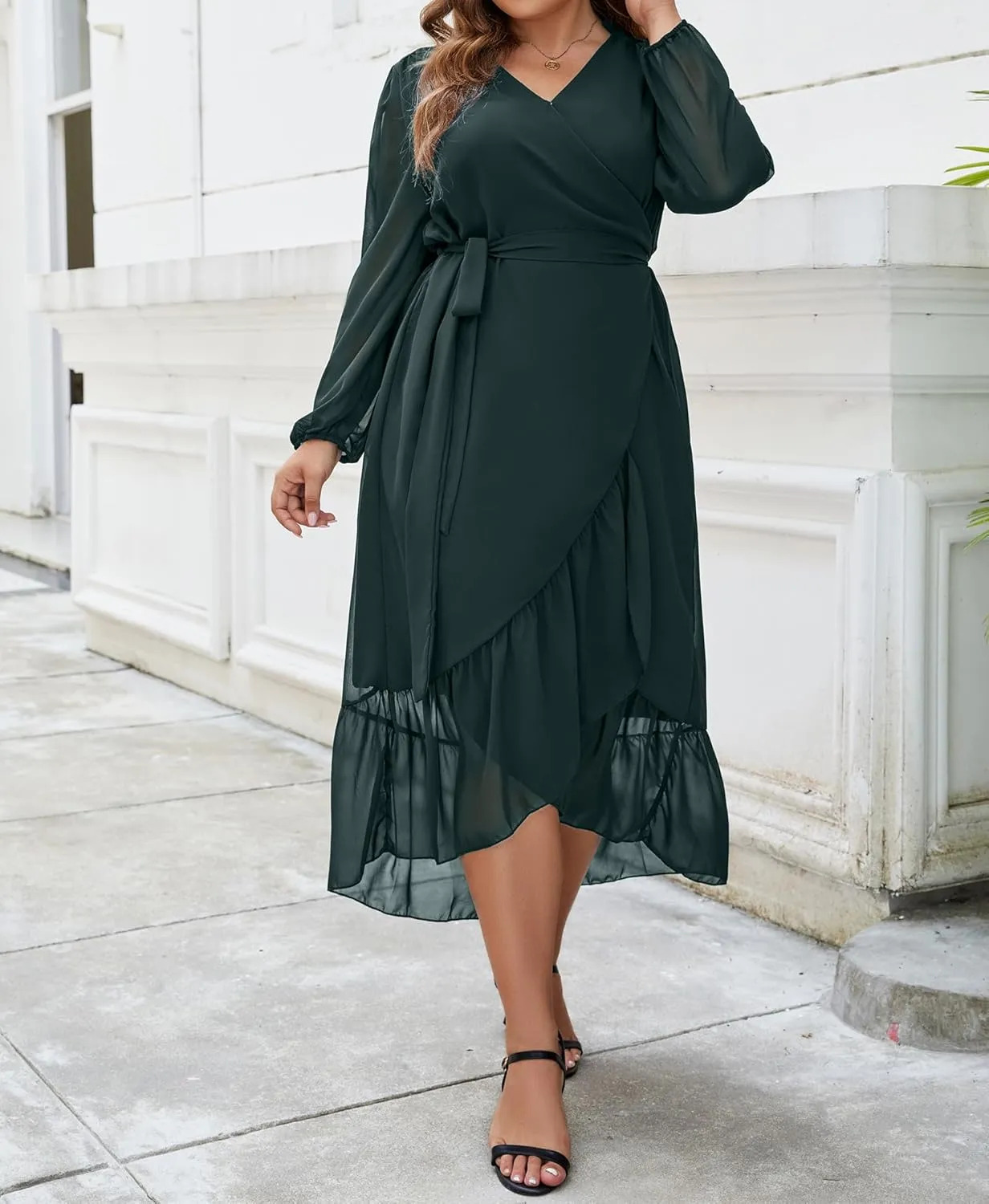 Plus Size Dresses for Women Wrap Tie Side Midi Dress Long Sleeve A Line Ruffle Hem Flowy Chiffon Dress