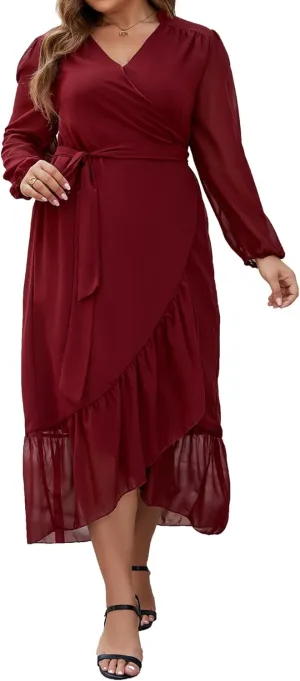 Plus Size Dresses for Women Wrap Tie Side Midi Dress Long Sleeve A Line Ruffle Hem Flowy Chiffon Dress