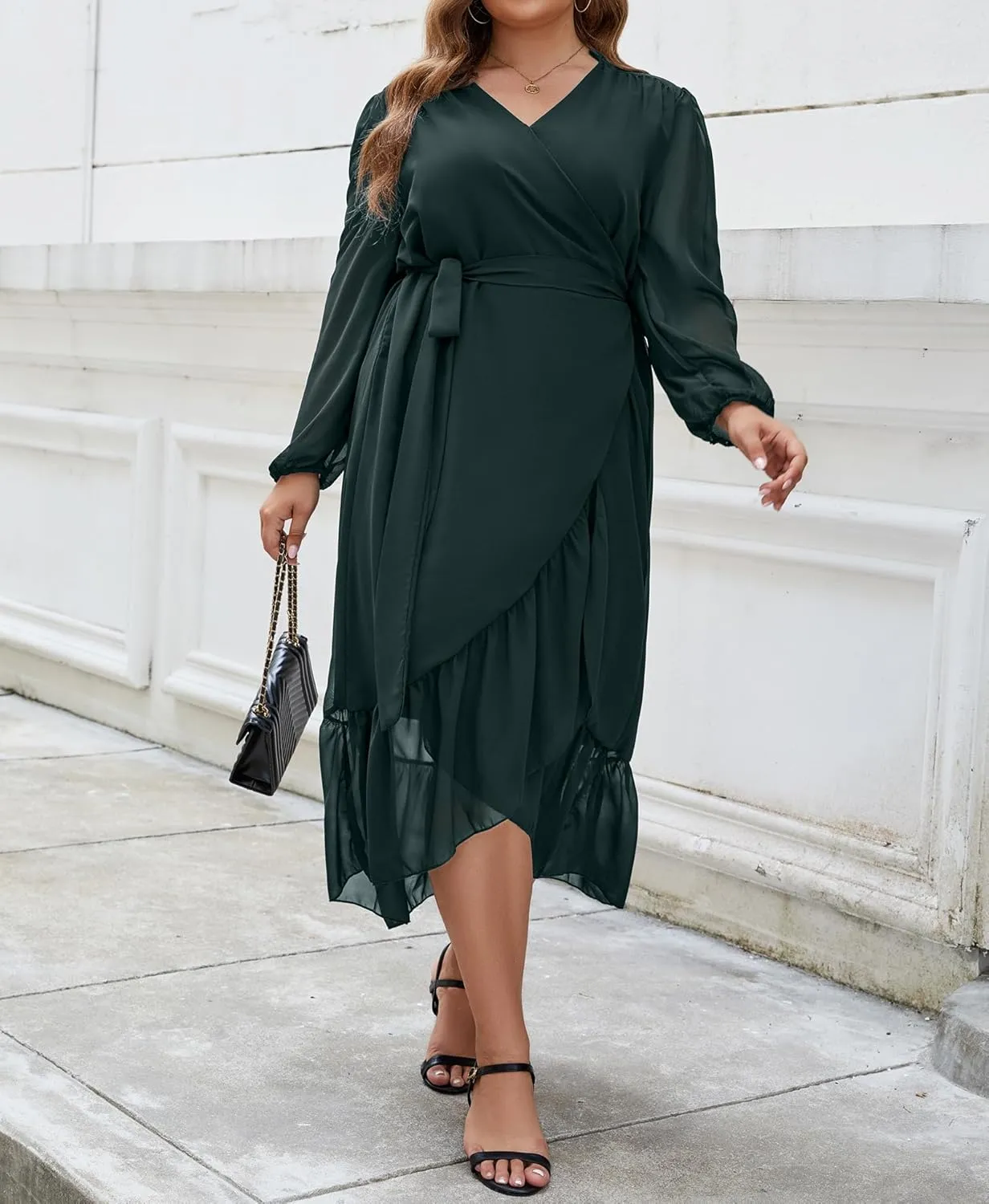 Plus Size Dresses for Women Wrap Tie Side Midi Dress Long Sleeve A Line Ruffle Hem Flowy Chiffon Dress