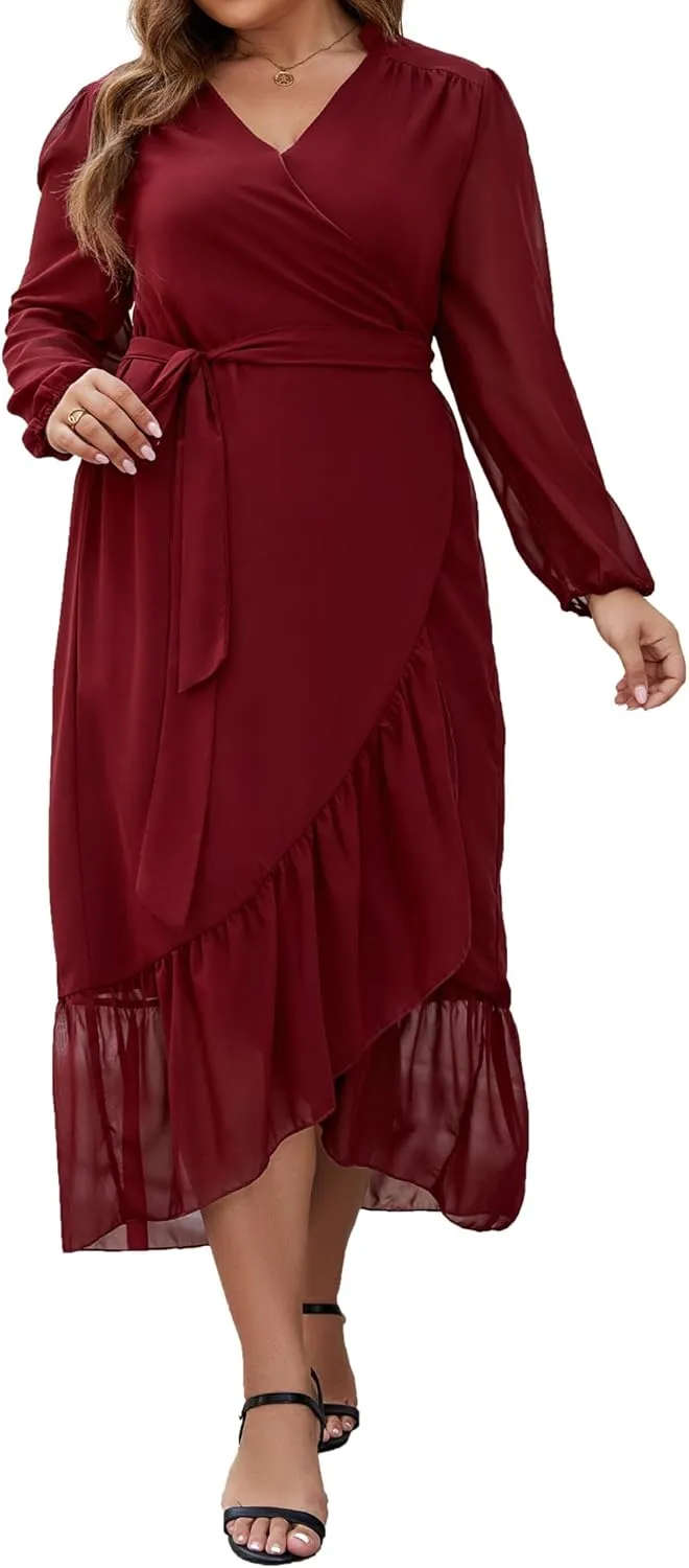 Plus Size Dresses for Women Wrap Tie Side Midi Dress Long Sleeve A Line Ruffle Hem Flowy Chiffon Dress