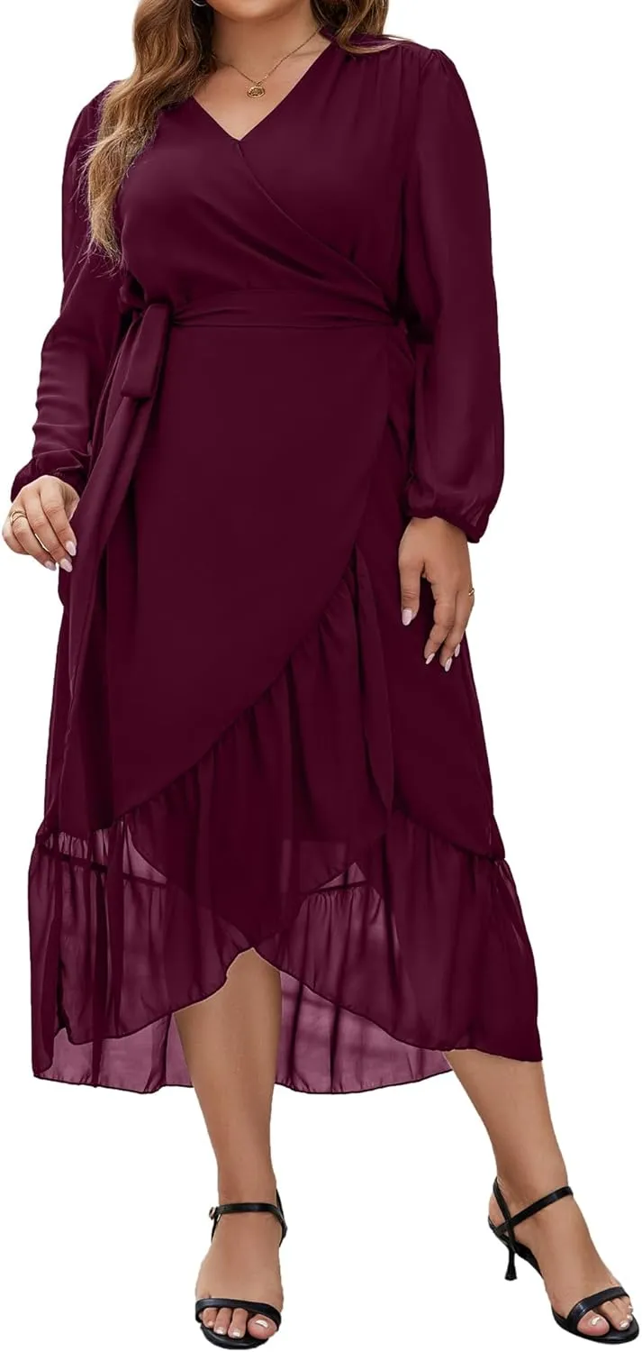 Plus Size Dresses for Women Wrap Tie Side Midi Dress Long Sleeve A Line Ruffle Hem Flowy Chiffon Dress