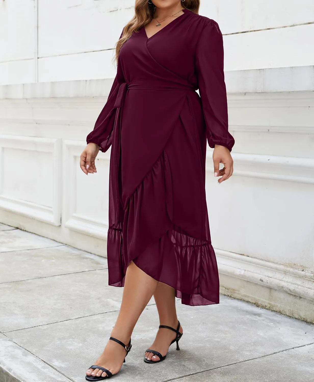 Plus Size Dresses for Women Wrap Tie Side Midi Dress Long Sleeve A Line Ruffle Hem Flowy Chiffon Dress