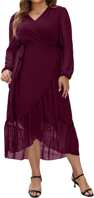 Plus Size Dresses for Women Wrap Tie Side Midi Dress Long Sleeve A Line Ruffle Hem Flowy Chiffon Dress