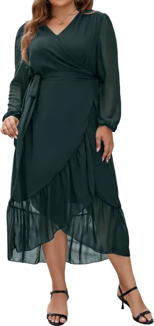 Plus Size Dresses for Women Wrap Tie Side Midi Dress Long Sleeve A Line Ruffle Hem Flowy Chiffon Dress