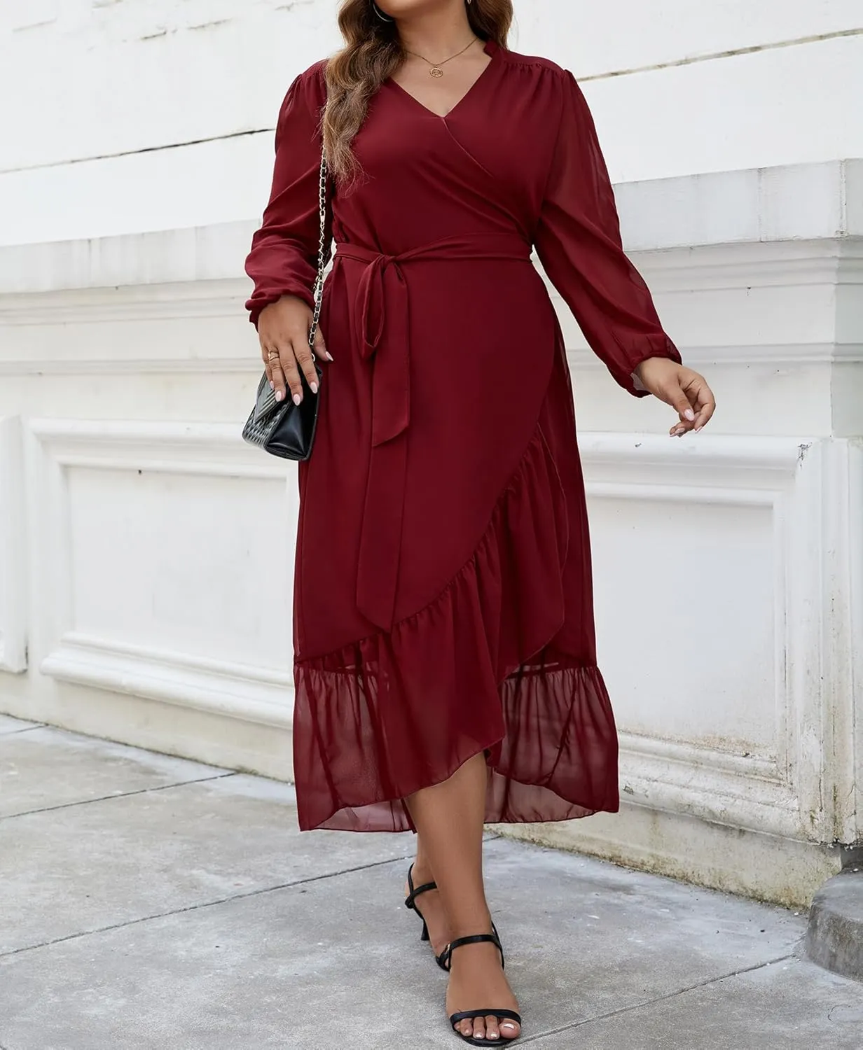 Plus Size Dresses for Women Wrap Tie Side Midi Dress Long Sleeve A Line Ruffle Hem Flowy Chiffon Dress