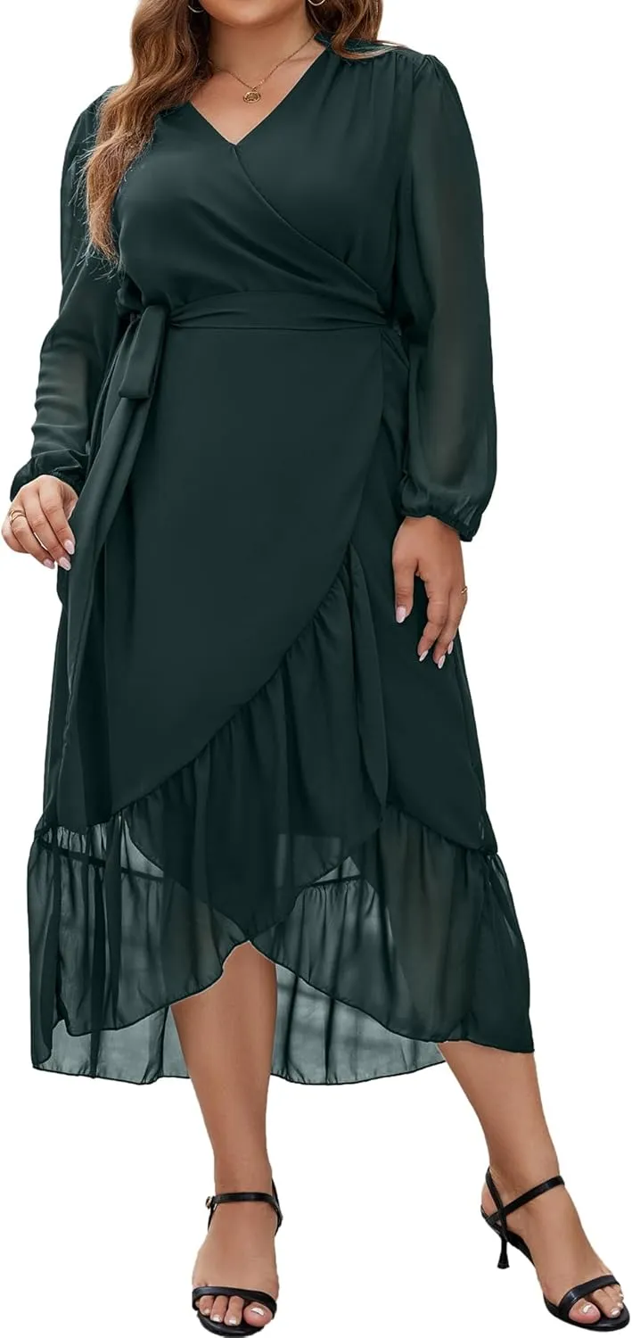 Plus Size Dresses for Women Wrap Tie Side Midi Dress Long Sleeve A Line Ruffle Hem Flowy Chiffon Dress