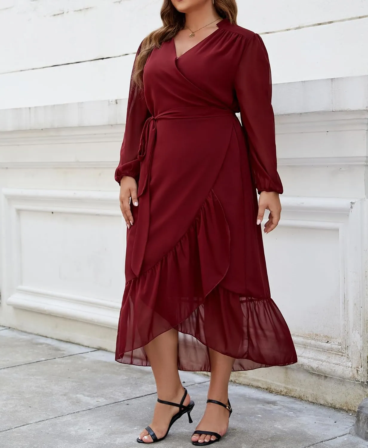 Plus Size Dresses for Women Wrap Tie Side Midi Dress Long Sleeve A Line Ruffle Hem Flowy Chiffon Dress