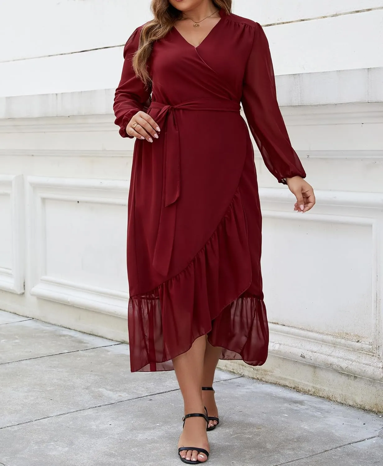 Plus Size Dresses for Women Wrap Tie Side Midi Dress Long Sleeve A Line Ruffle Hem Flowy Chiffon Dress