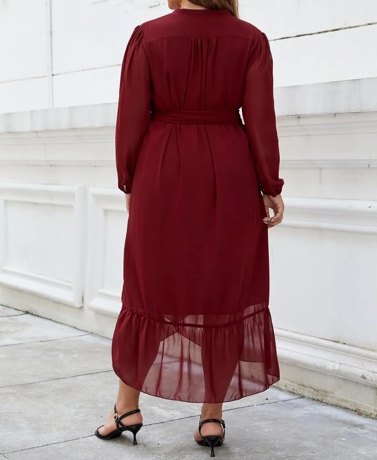Plus Size Dresses for Women Wrap Tie Side Midi Dress Long Sleeve A Line Ruffle Hem Flowy Chiffon Dress
