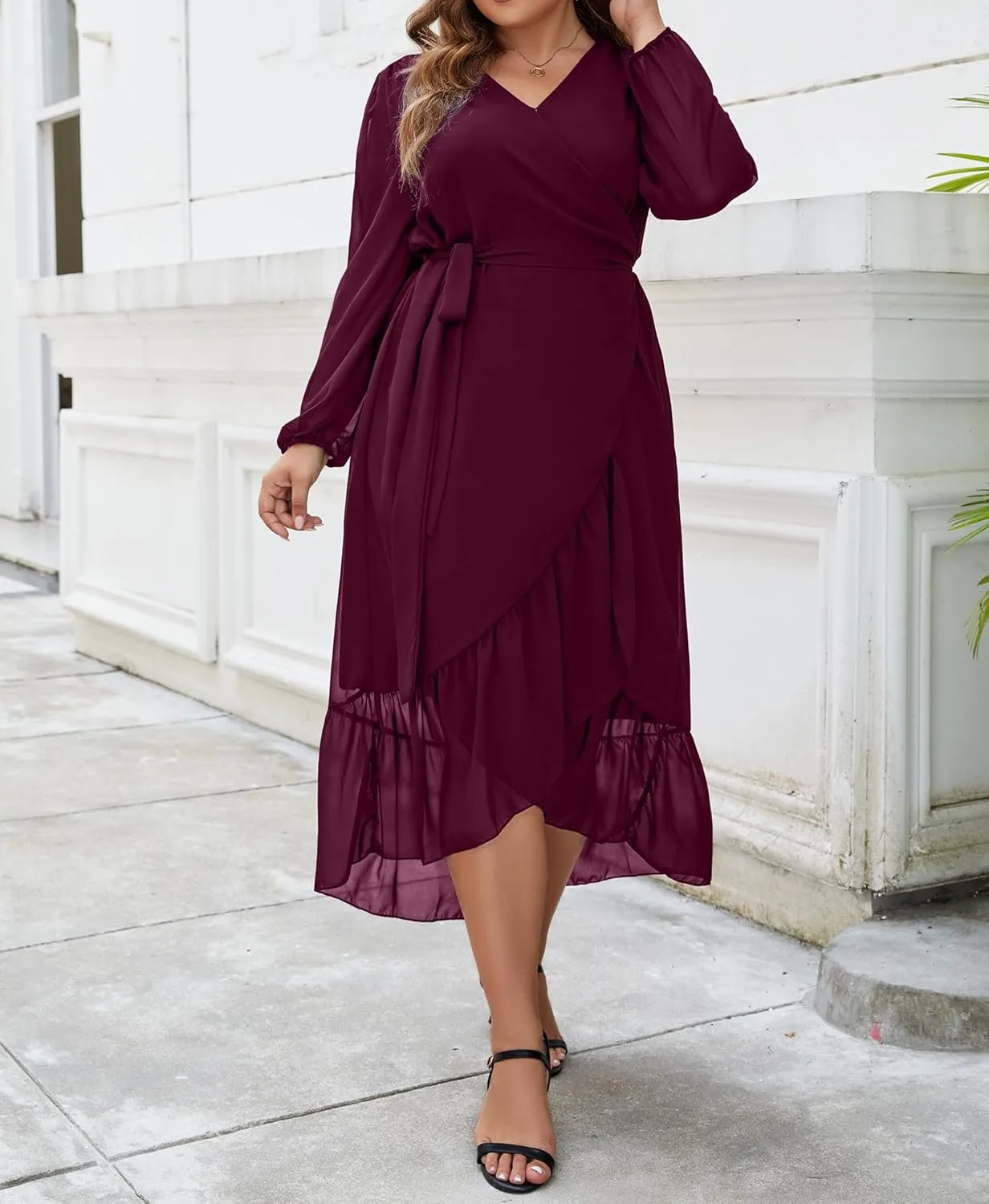 Plus Size Dresses for Women Wrap Tie Side Midi Dress Long Sleeve A Line Ruffle Hem Flowy Chiffon Dress