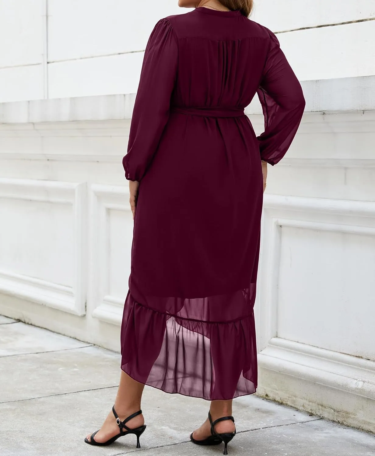Plus Size Dresses for Women Wrap Tie Side Midi Dress Long Sleeve A Line Ruffle Hem Flowy Chiffon Dress