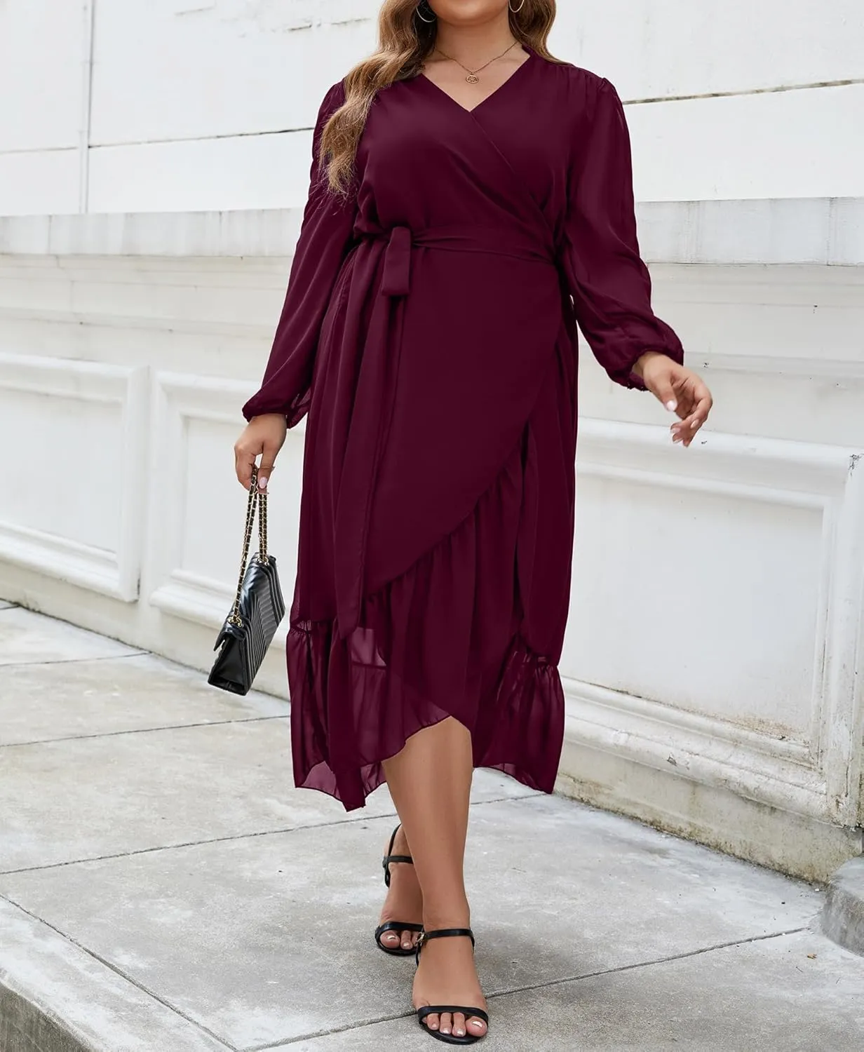 Plus Size Dresses for Women Wrap Tie Side Midi Dress Long Sleeve A Line Ruffle Hem Flowy Chiffon Dress