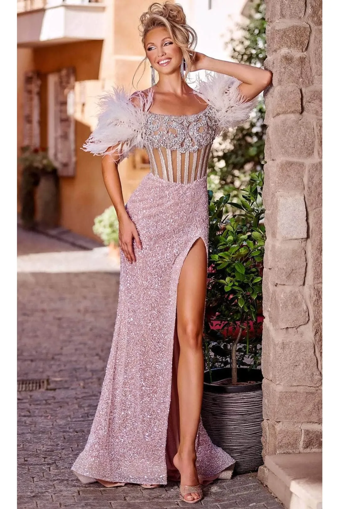 Portia and Scarlett PS23741C -short- Sequin Prom Gown with Feather Details