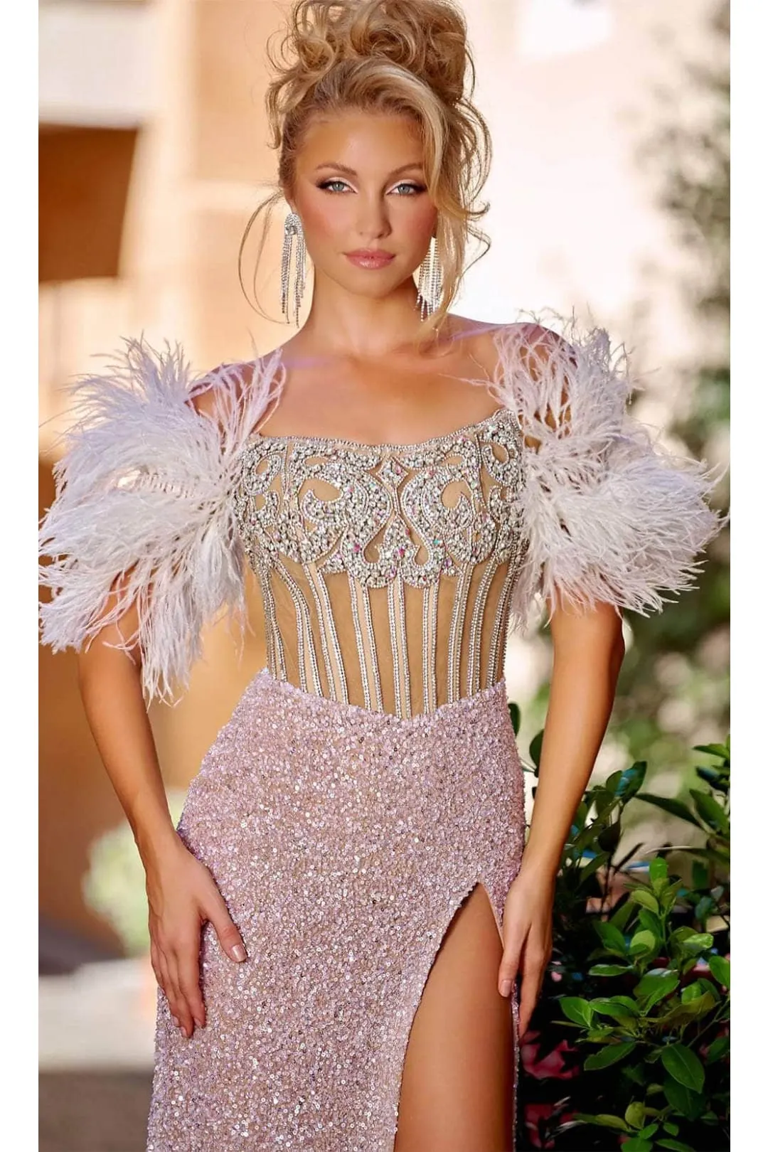 Portia and Scarlett PS23741C -short- Sequin Prom Gown with Feather Details