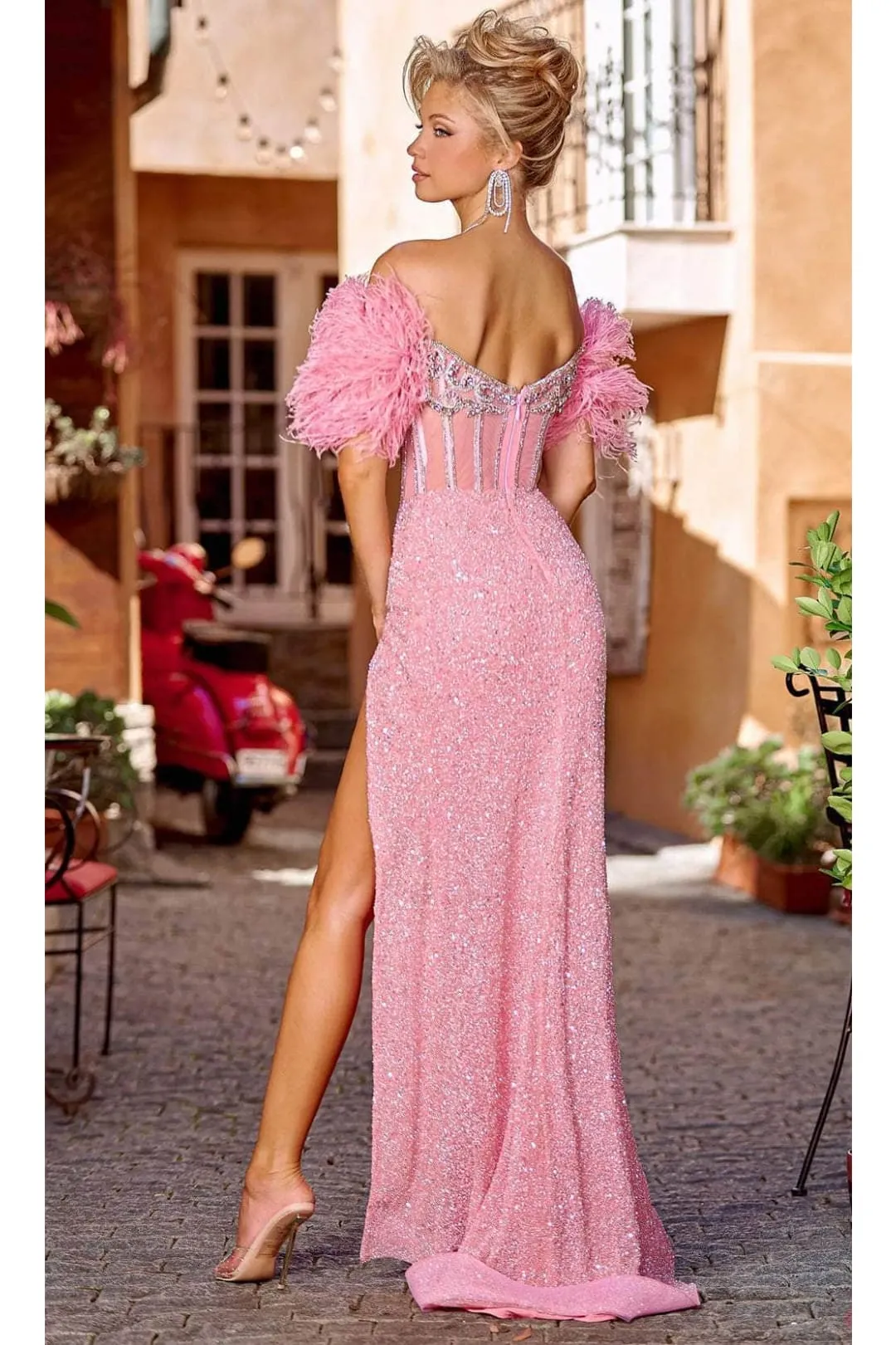 Portia and Scarlett PS23741C -short- Sequin Prom Gown with Feather Details