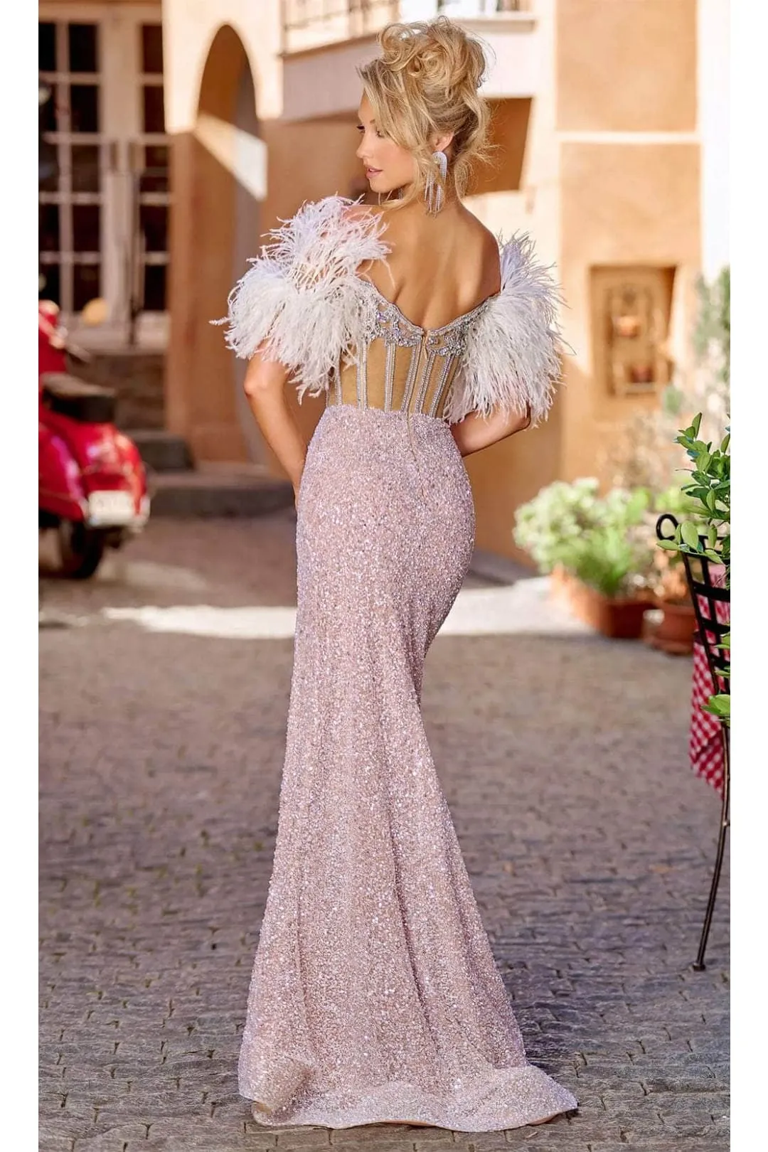 Portia and Scarlett PS23741C -short- Sequin Prom Gown with Feather Details