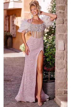 Portia and Scarlett PS23741C -short- Sequin Prom Gown with Feather Details