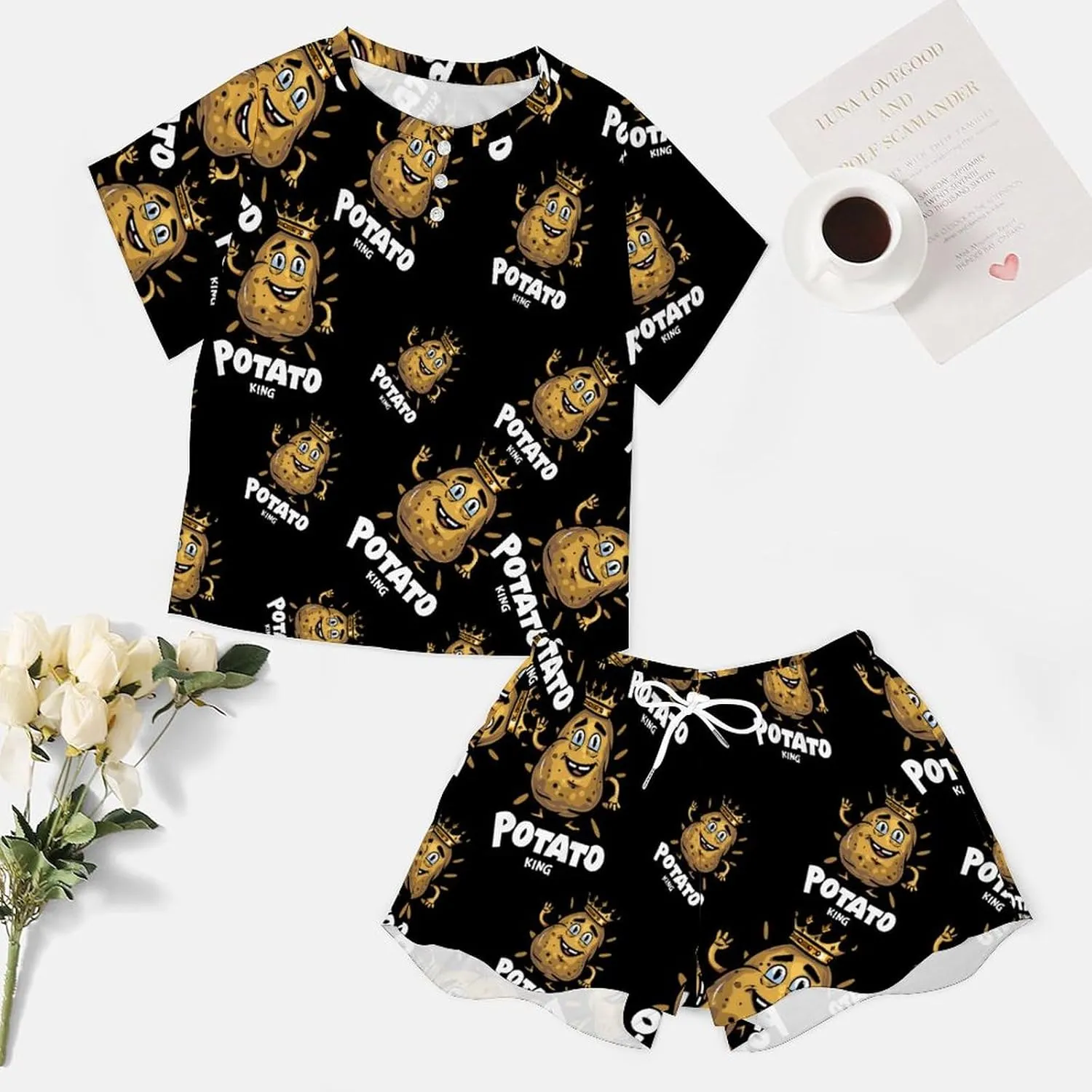 Potato King Cute Women's Pajama Sets Short Sleeve Shirt And Shorts Cozy Sleepwear Loungewear Pjs