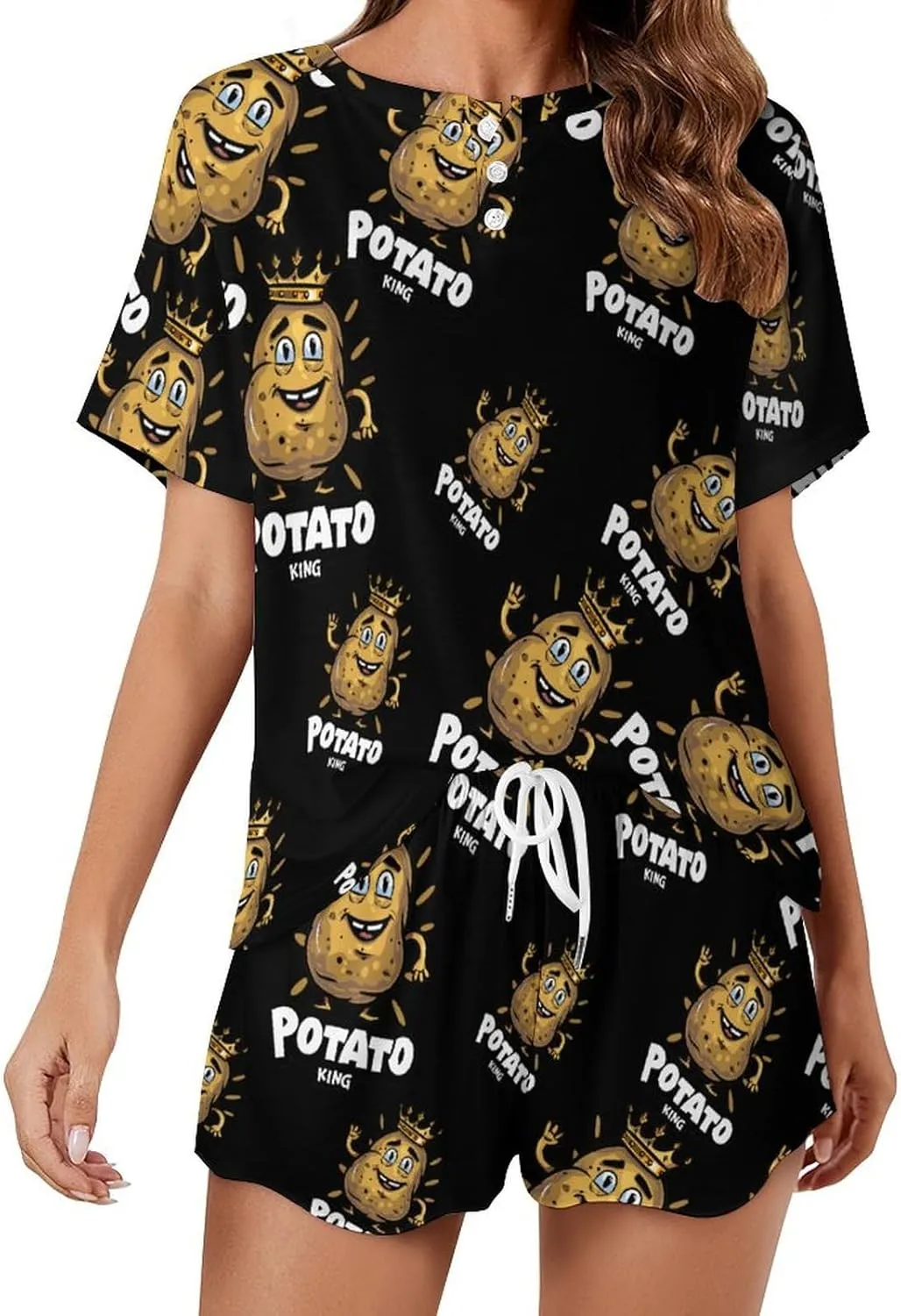 Potato King Cute Women's Pajama Sets Short Sleeve Shirt And Shorts Cozy Sleepwear Loungewear Pjs