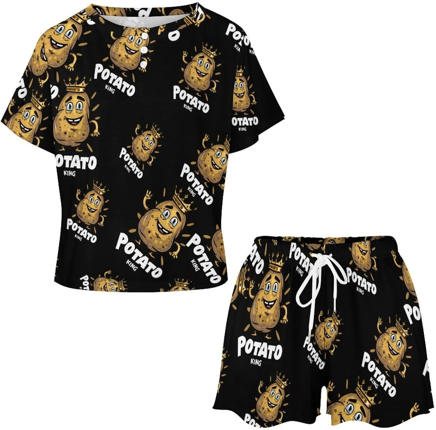 Potato King Cute Women's Pajama Sets Short Sleeve Shirt And Shorts Cozy Sleepwear Loungewear Pjs