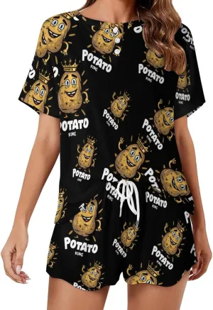 Potato King Cute Women's Pajama Sets Short Sleeve Shirt And Shorts Cozy Sleepwear Loungewear Pjs