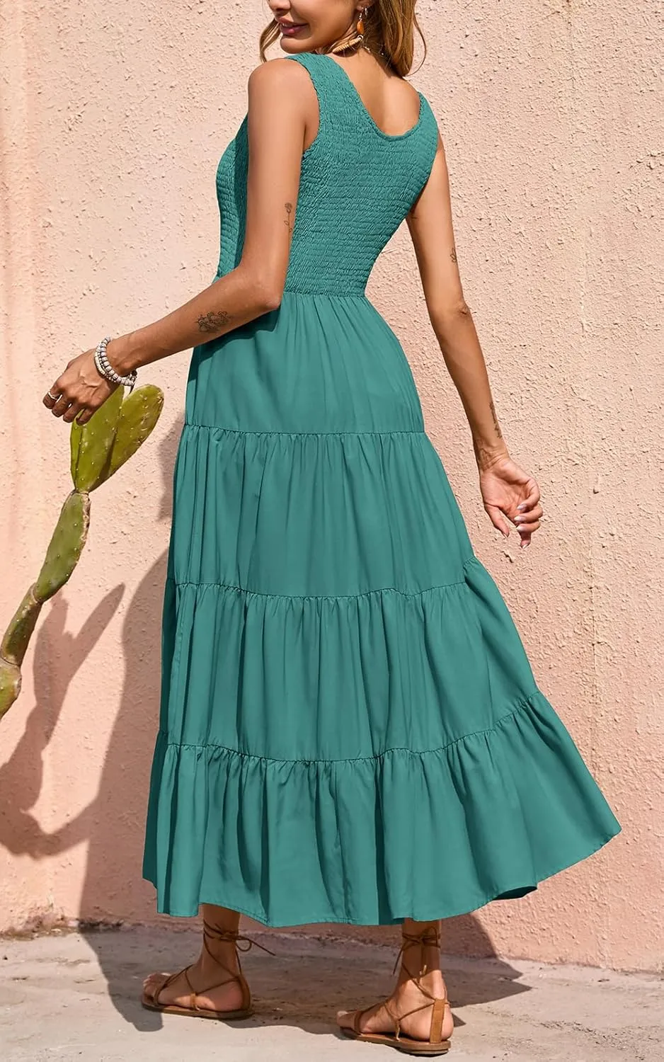 PRETTYGARDEN Women's 2025 Casual Loose Plain Maxi Sundress Smocked Tank Dress Sleeveless Summer Beach Tiered Long Dresses