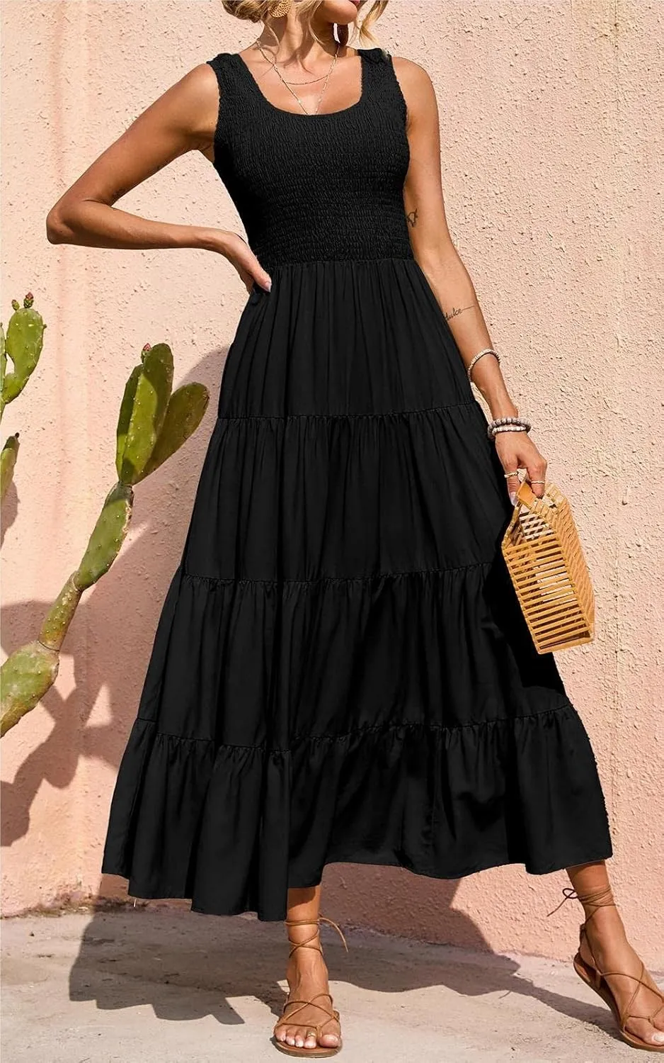PRETTYGARDEN Women's 2025 Casual Loose Plain Maxi Sundress Smocked Tank Dress Sleeveless Summer Beach Tiered Long Dresses