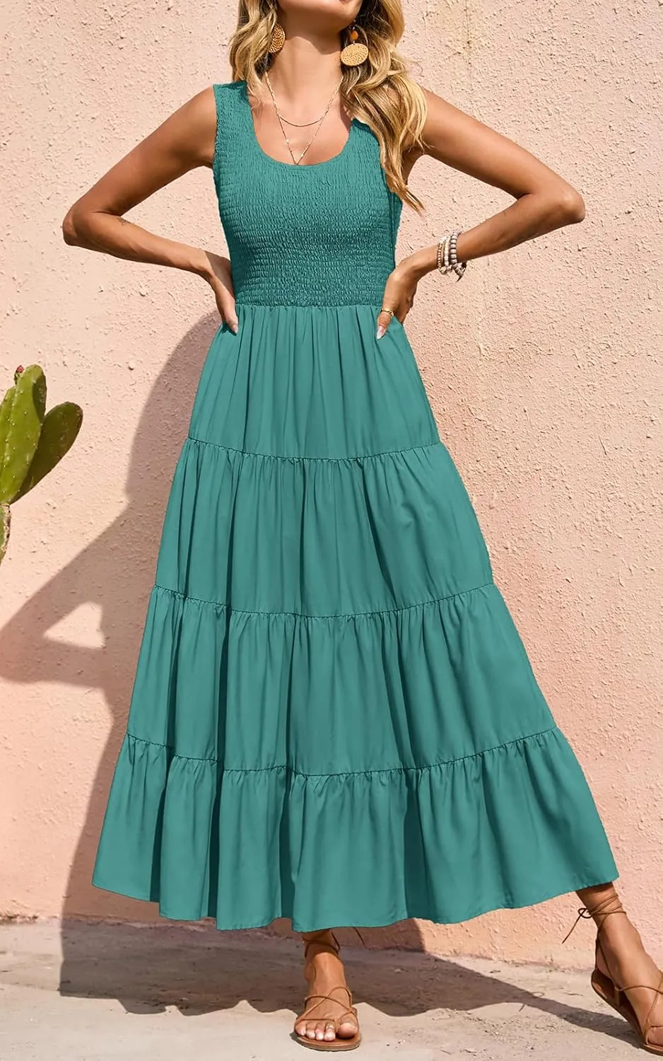 PRETTYGARDEN Women's 2025 Casual Loose Plain Maxi Sundress Smocked Tank Dress Sleeveless Summer Beach Tiered Long Dresses