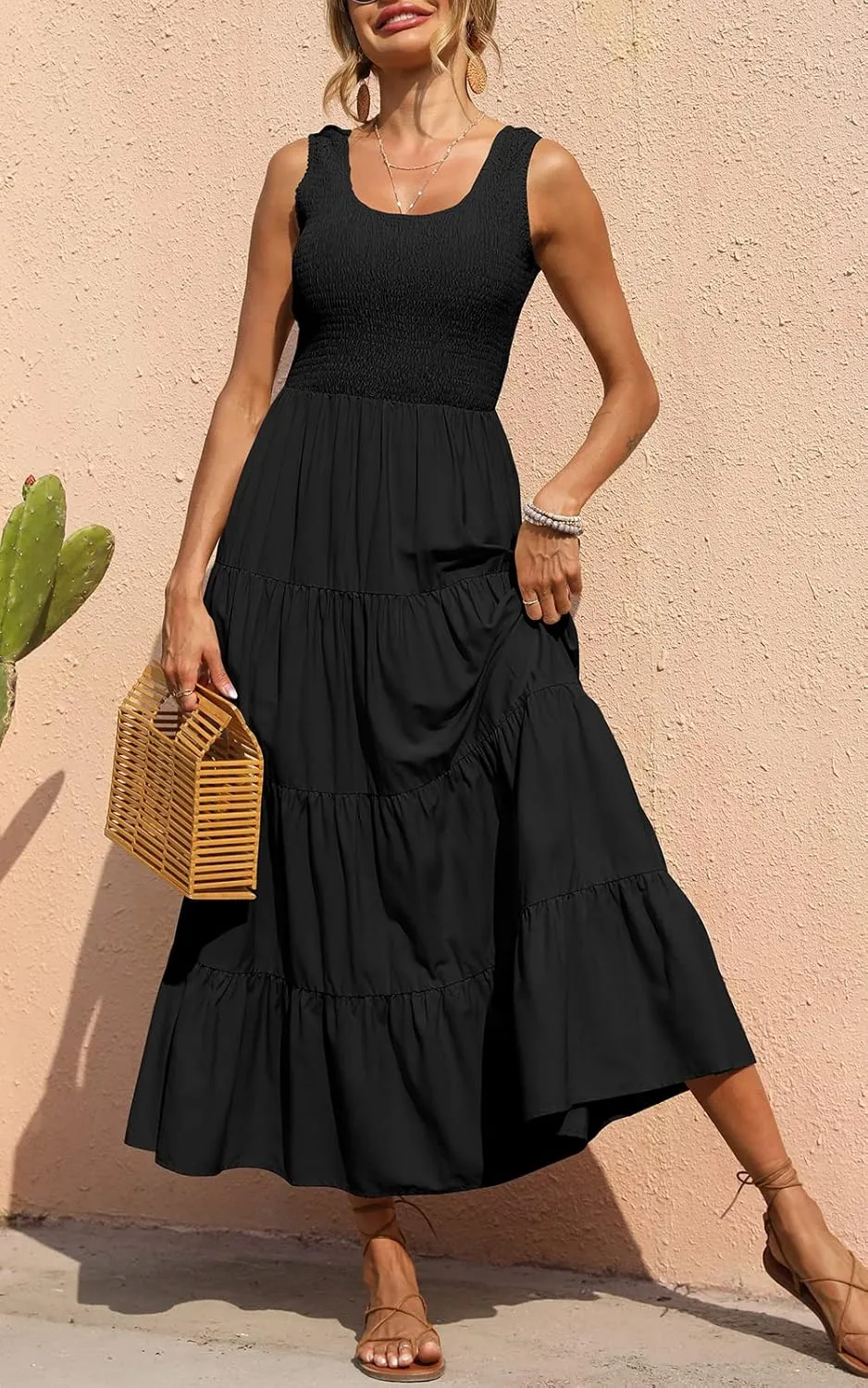 PRETTYGARDEN Women's 2025 Casual Loose Plain Maxi Sundress Smocked Tank Dress Sleeveless Summer Beach Tiered Long Dresses