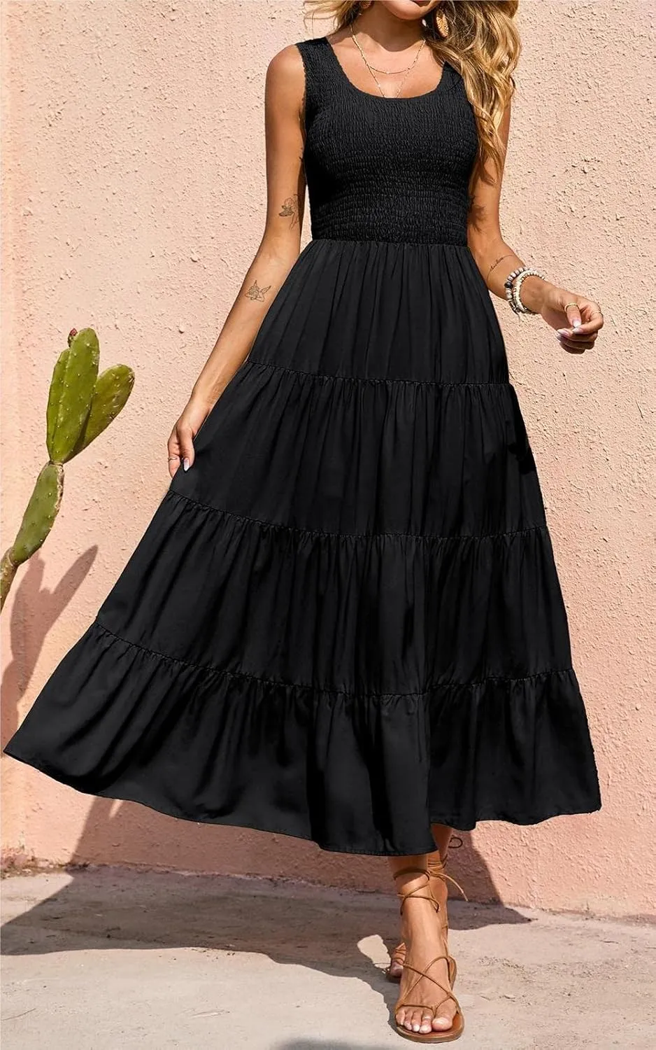 PRETTYGARDEN Women's 2025 Casual Loose Plain Maxi Sundress Smocked Tank Dress Sleeveless Summer Beach Tiered Long Dresses