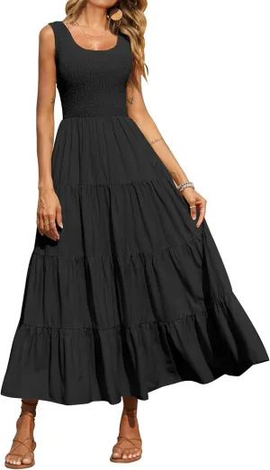 PRETTYGARDEN Women's 2025 Casual Loose Plain Maxi Sundress Smocked Tank Dress Sleeveless Summer Beach Tiered Long Dresses