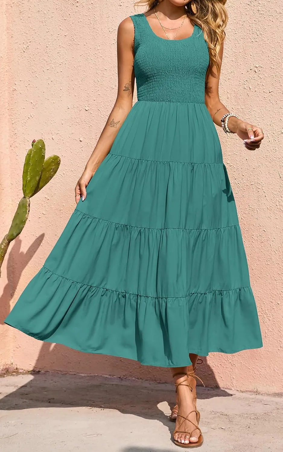 PRETTYGARDEN Women's 2025 Casual Loose Plain Maxi Sundress Smocked Tank Dress Sleeveless Summer Beach Tiered Long Dresses