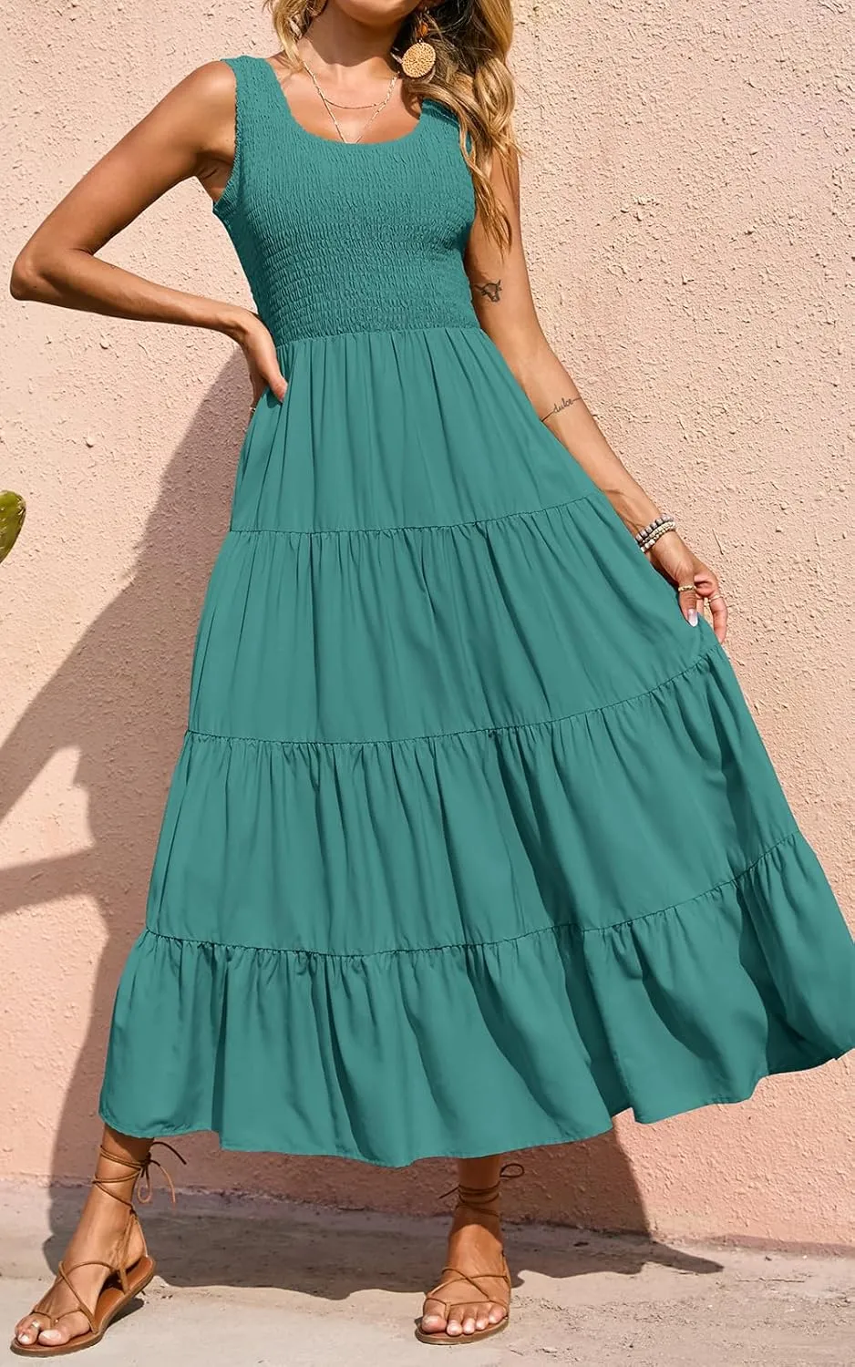 PRETTYGARDEN Women's 2025 Casual Loose Plain Maxi Sundress Smocked Tank Dress Sleeveless Summer Beach Tiered Long Dresses