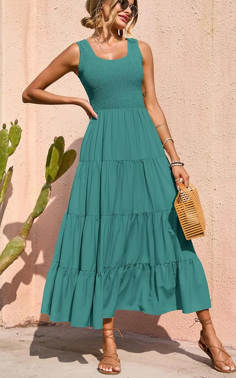 PRETTYGARDEN Women's 2025 Casual Loose Plain Maxi Sundress Smocked Tank Dress Sleeveless Summer Beach Tiered Long Dresses