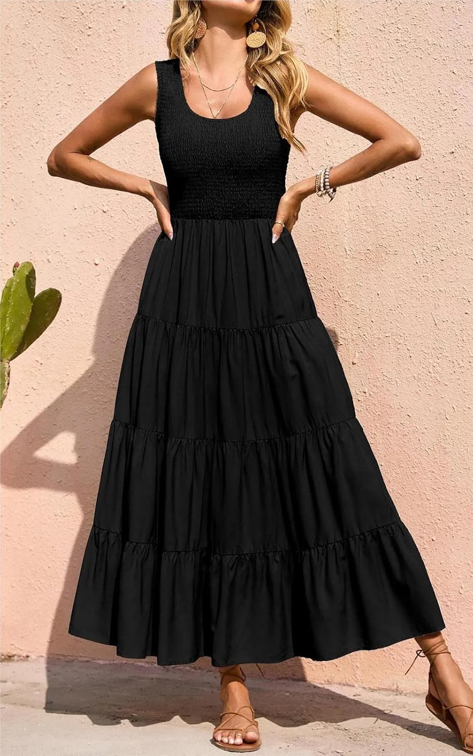 PRETTYGARDEN Women's 2025 Casual Loose Plain Maxi Sundress Smocked Tank Dress Sleeveless Summer Beach Tiered Long Dresses