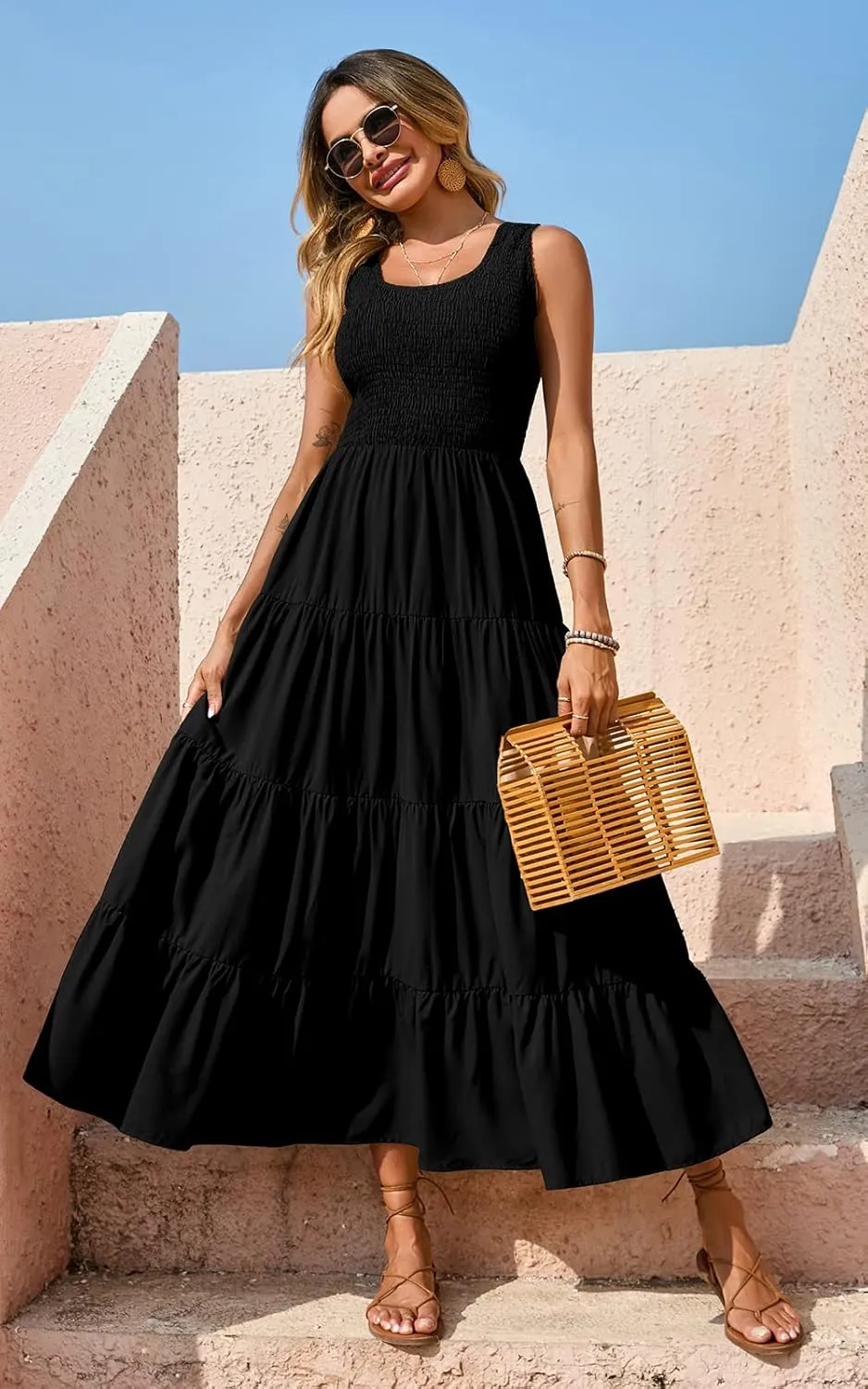 PRETTYGARDEN Women's 2025 Casual Loose Plain Maxi Sundress Smocked Tank Dress Sleeveless Summer Beach Tiered Long Dresses