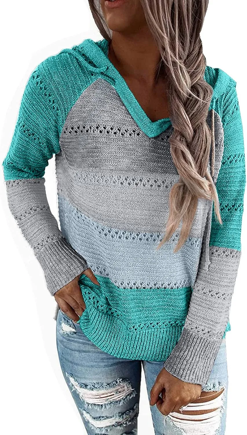 PrinStory Women's Hoodies Fall Loose Lightweight Color Block Sweatshirts Hollow Knit Drawstring Pullover Sweater Tops