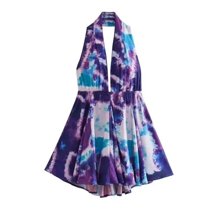 Print Halter Open Back Graceful Sleeveless V Neck Mini Dress