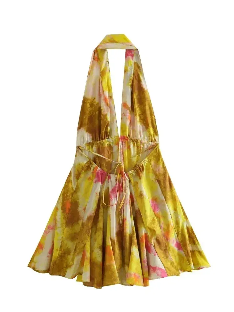 Print Halter Open Back Graceful Sleeveless V Neck Mini Dress