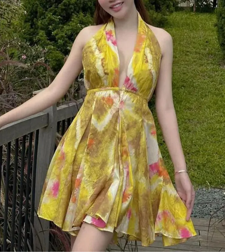 Print Halter Open Back Graceful Sleeveless V Neck Mini Dress