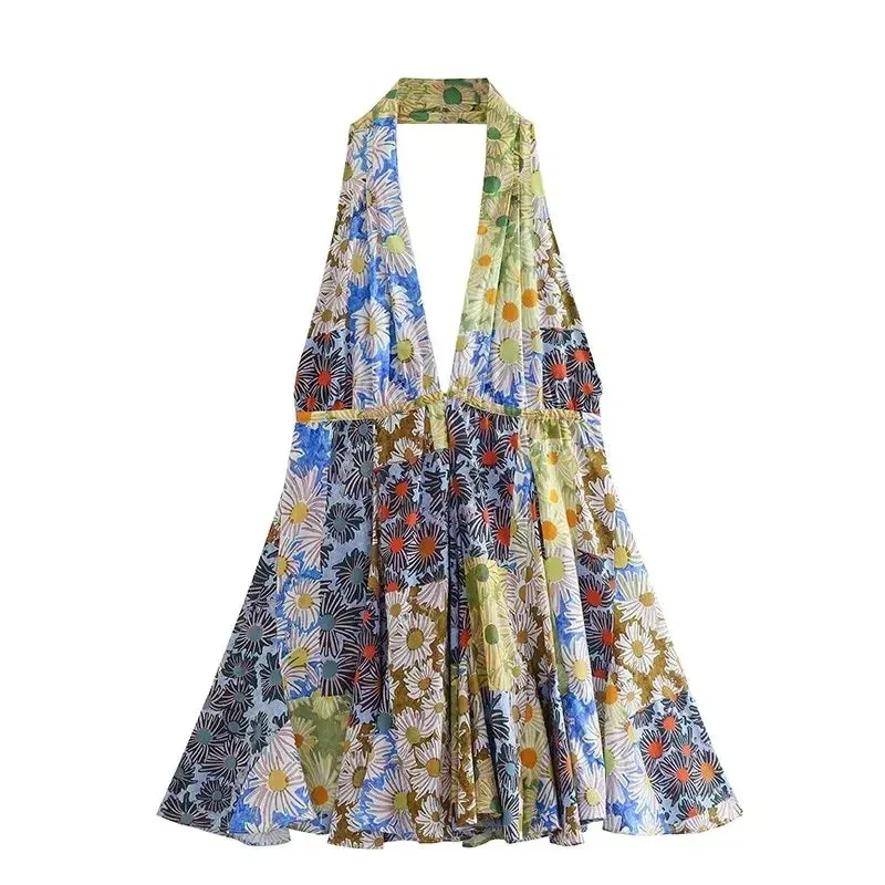 Print Halter Open Back Graceful Sleeveless V Neck Mini Dress