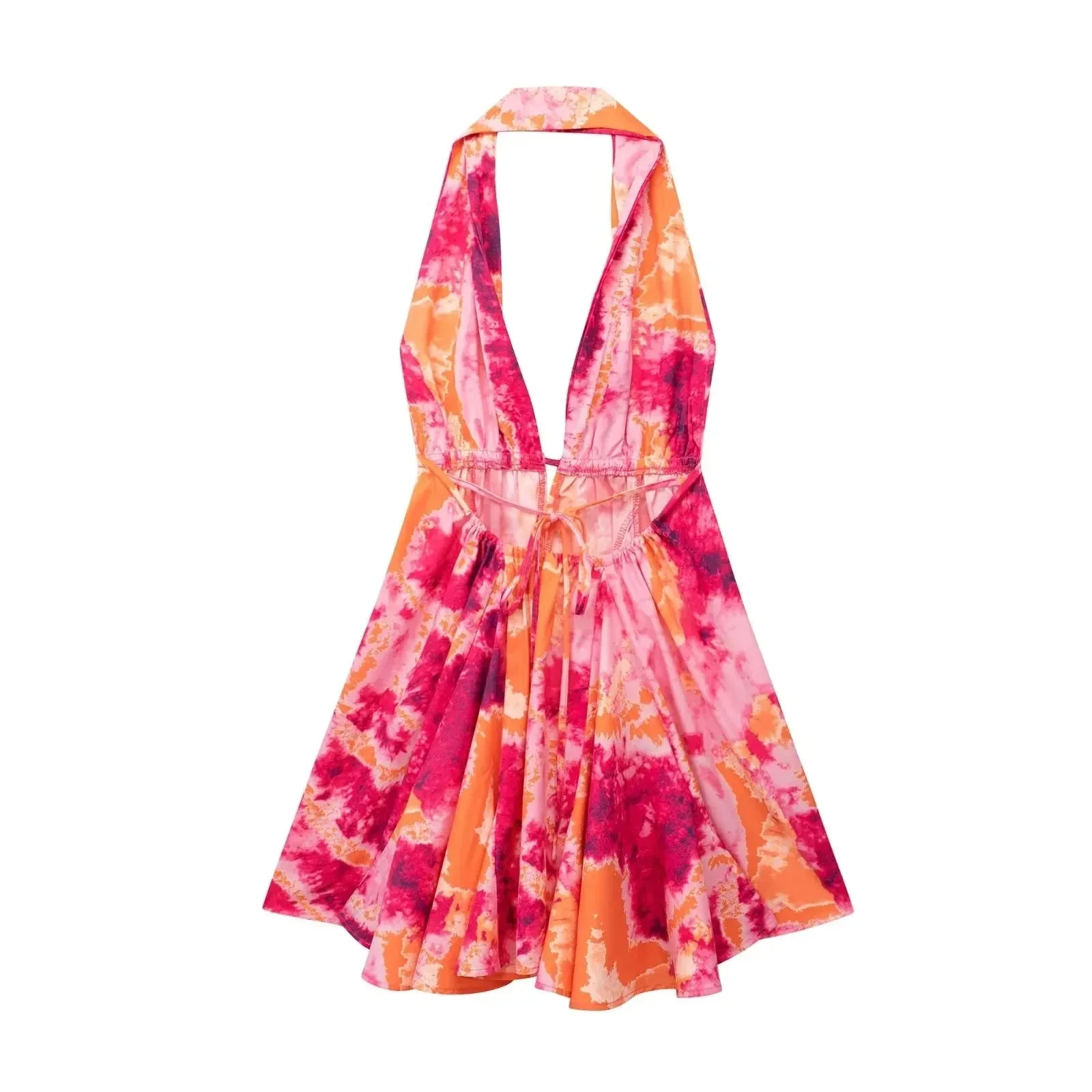 Print Halter Open Back Graceful Sleeveless V Neck Mini Dress
