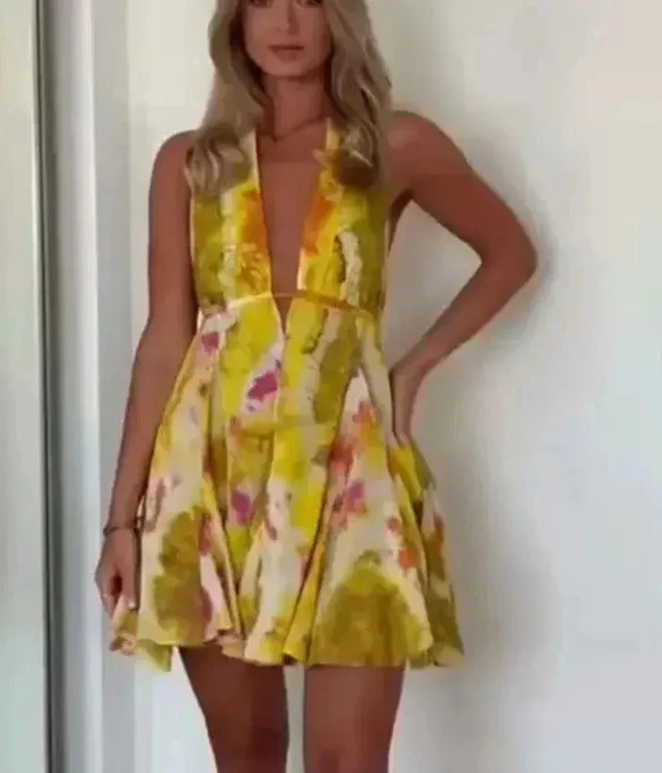 Print Halter Open Back Graceful Sleeveless V Neck Mini Dress