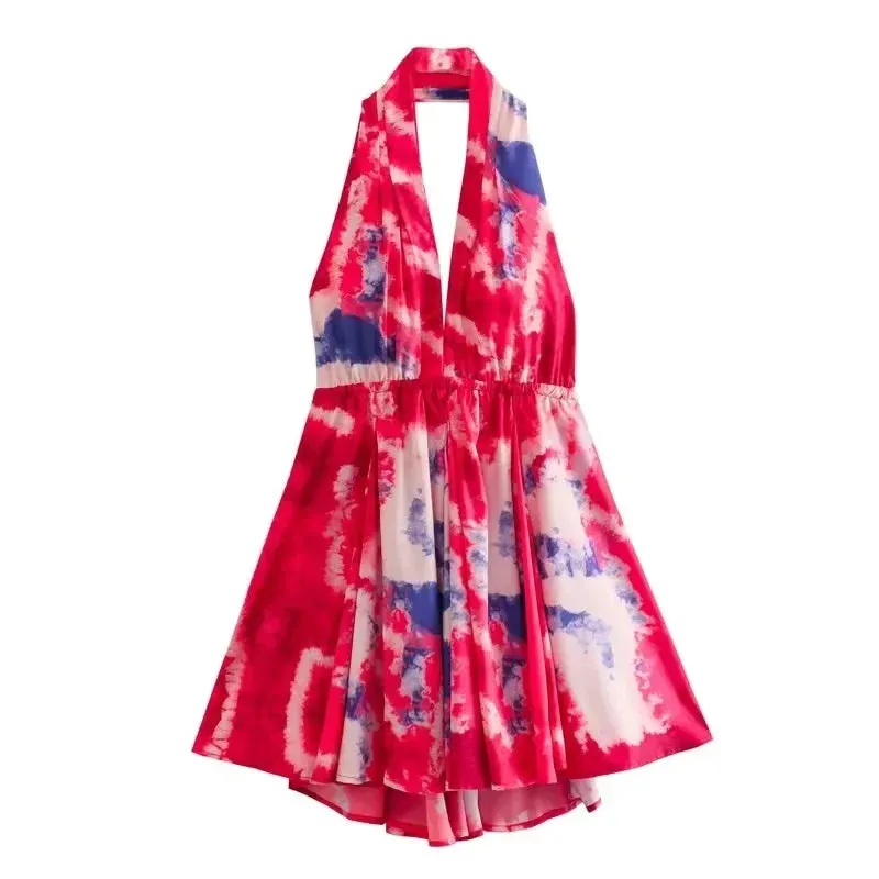 Print Halter Open Back Graceful Sleeveless V Neck Mini Dress