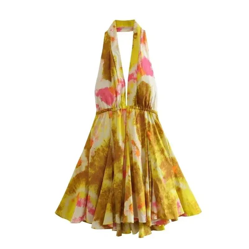 Print Halter Open Back Graceful Sleeveless V Neck Mini Dress