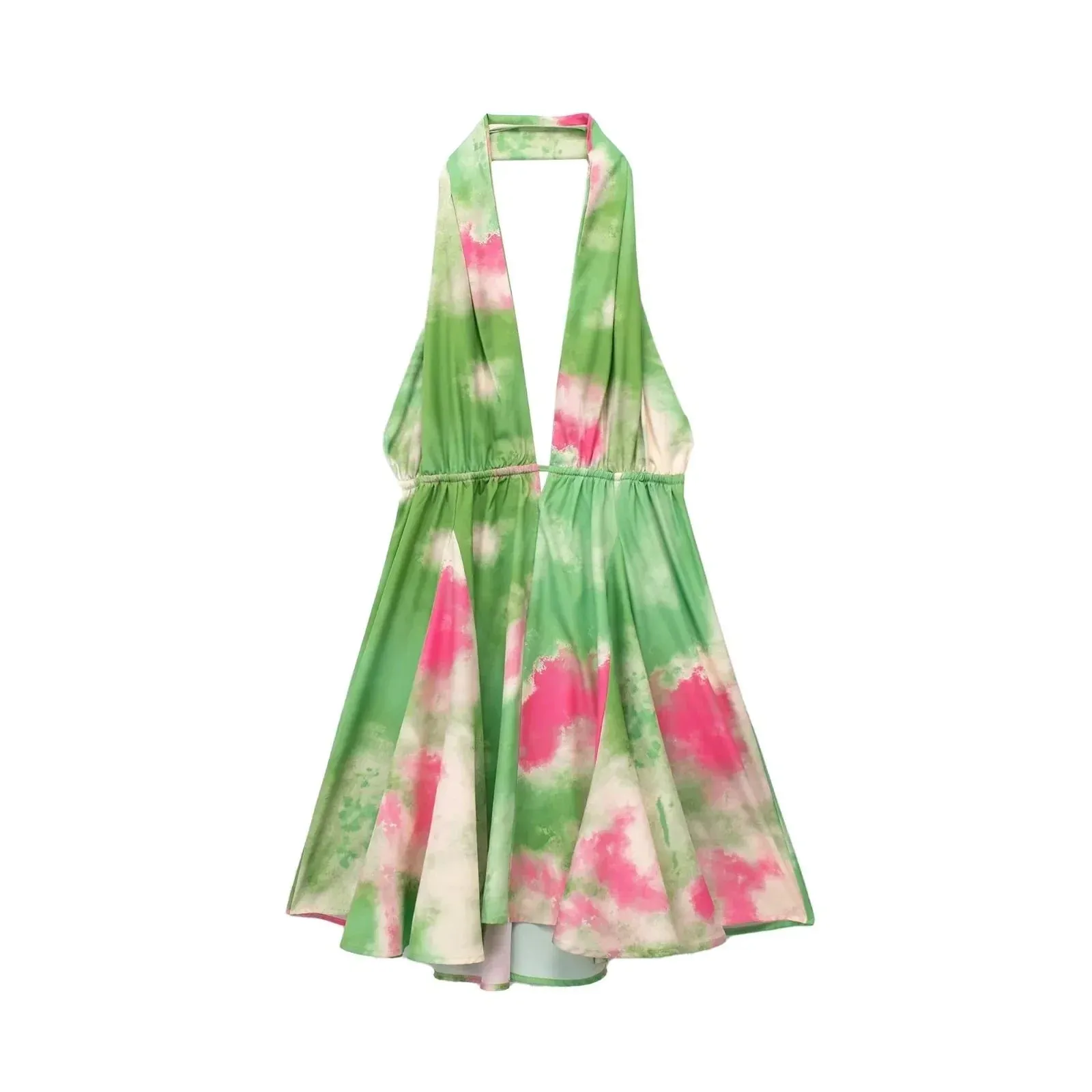 Print Halter Open Back Graceful Sleeveless V Neck Mini Dress